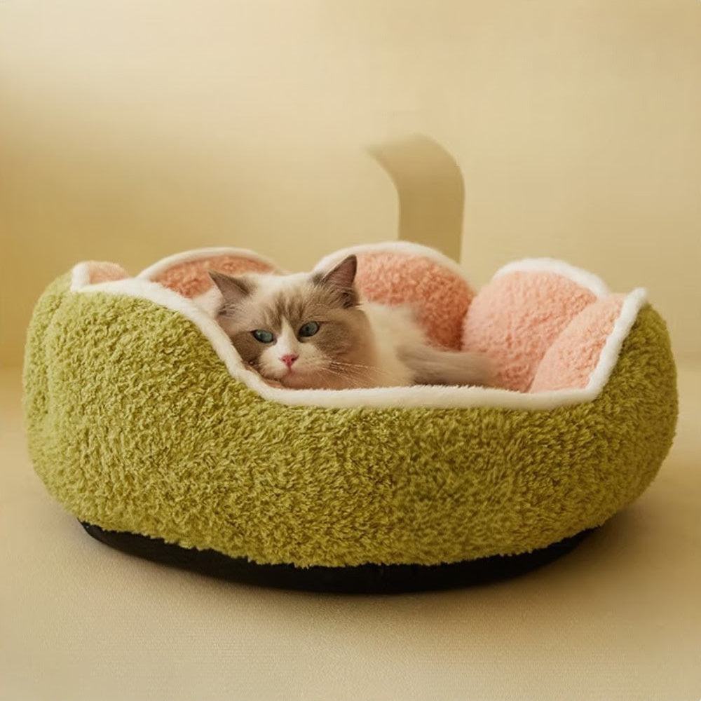Semi Enclosed Warm Plush Pet Bed with Petal Design Circular Cat Pad.