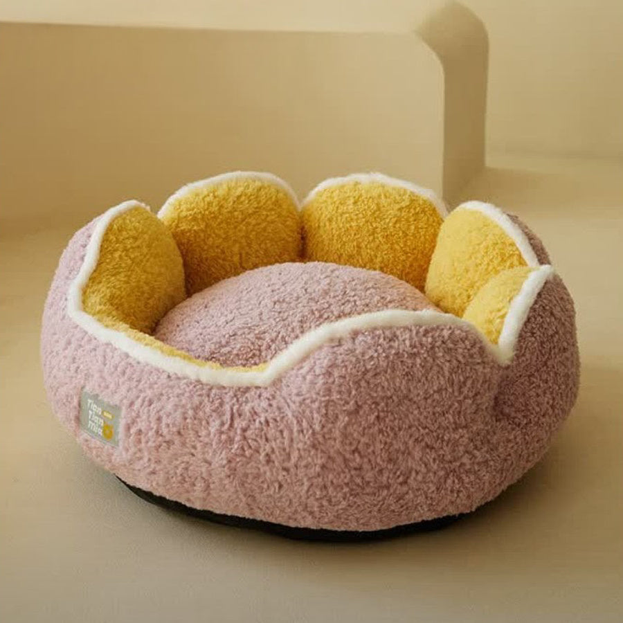 Semi Enclosed Warm Plush Pet Bed with Petal Design Circular Cat Pad.